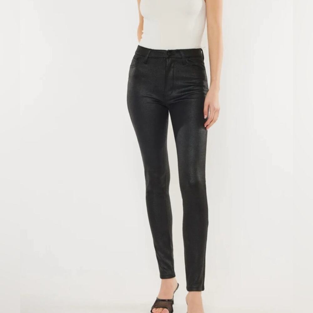 NEW KANCAN BLACK WAXED Skinny High Rise Stretch Jeans Pockets SZ 31